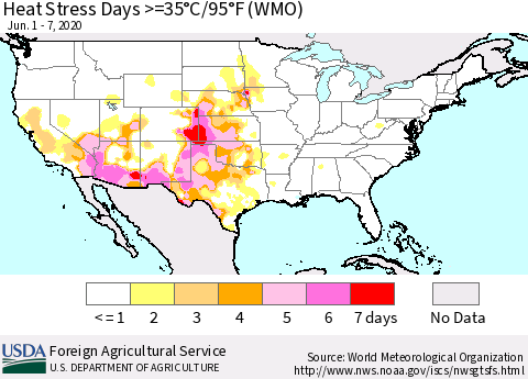 United States Heat Stress Days >=35°C/95°F (WMO) Thematic Map For 6/1/2020 - 6/7/2020