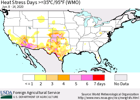 United States Heat Stress Days >=35°C/95°F (WMO) Thematic Map For 6/8/2020 - 6/14/2020