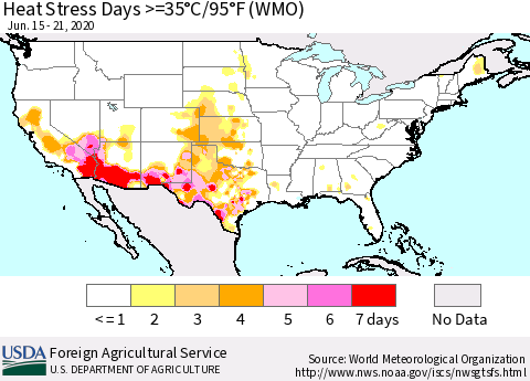United States Heat Stress Days >=35°C/95°F (WMO) Thematic Map For 6/15/2020 - 6/21/2020