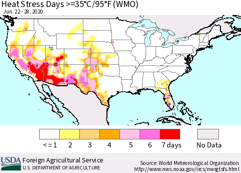 United States Heat Stress Days >=35°C/95°F (WMO) Thematic Map For 6/22/2020 - 6/28/2020