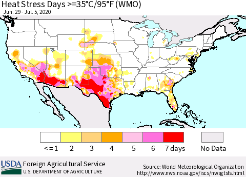 United States Heat Stress Days >=35°C/95°F (WMO) Thematic Map For 6/29/2020 - 7/5/2020