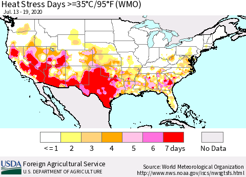United States Heat Stress Days >=35°C/95°F (WMO) Thematic Map For 7/13/2020 - 7/19/2020