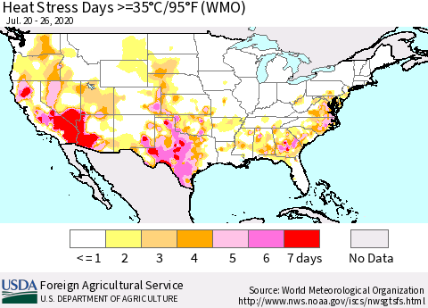 United States Heat Stress Days >=35°C/95°F (WMO) Thematic Map For 7/20/2020 - 7/26/2020