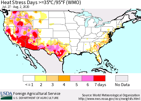 United States Heat Stress Days >=35°C/95°F (WMO) Thematic Map For 7/27/2020 - 8/2/2020