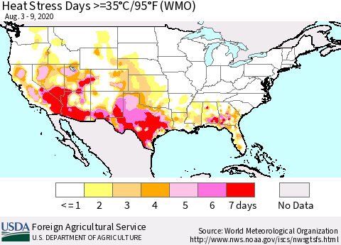 United States Heat Stress Days >=35°C/95°F (WMO) Thematic Map For 8/3/2020 - 8/9/2020