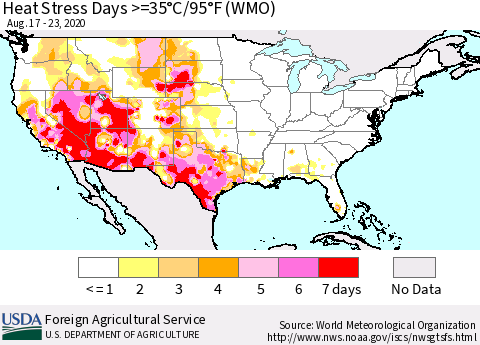 United States Heat Stress Days >=35°C/95°F (WMO) Thematic Map For 8/17/2020 - 8/23/2020