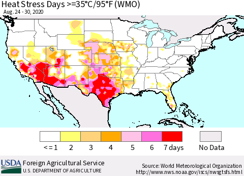 United States Heat Stress Days >=35°C/95°F (WMO) Thematic Map For 8/24/2020 - 8/30/2020