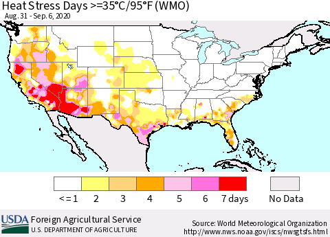 United States Heat Stress Days >=35°C/95°F (WMO) Thematic Map For 8/31/2020 - 9/6/2020
