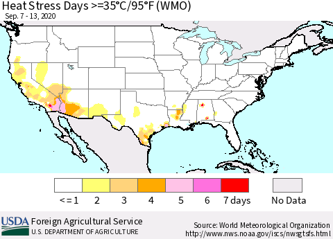 United States Heat Stress Days >=35°C/95°F (WMO) Thematic Map For 9/7/2020 - 9/13/2020