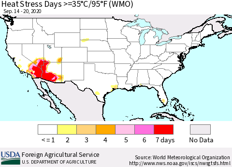 United States Heat Stress Days >=35°C/95°F (WMO) Thematic Map For 9/14/2020 - 9/20/2020