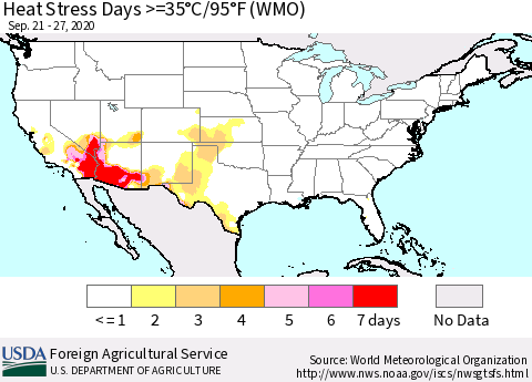 United States Heat Stress Days >=35°C/95°F (WMO) Thematic Map For 9/21/2020 - 9/27/2020