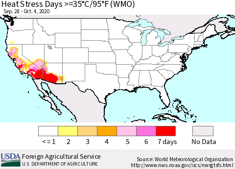 United States Heat Stress Days >=35°C/95°F (WMO) Thematic Map For 9/28/2020 - 10/4/2020