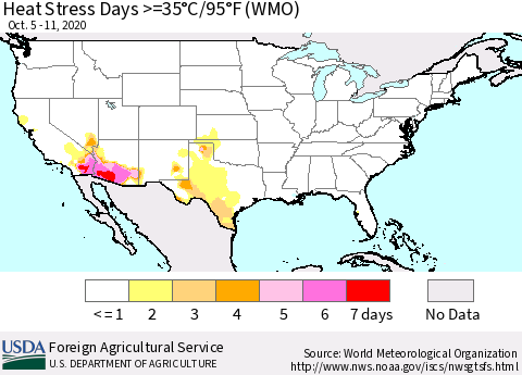United States Heat Stress Days >=35°C/95°F (WMO) Thematic Map For 10/5/2020 - 10/11/2020