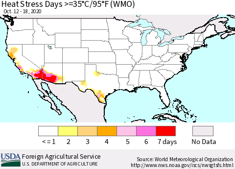 United States Heat Stress Days >=35°C/95°F (WMO) Thematic Map For 10/12/2020 - 10/18/2020