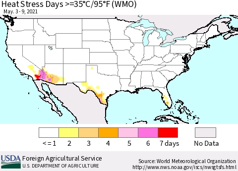 United States Heat Stress Days >=35°C/95°F (WMO) Thematic Map For 5/3/2021 - 5/9/2021