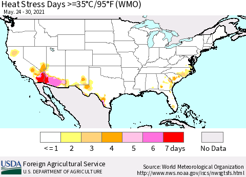 United States Heat Stress Days >=35°C/95°F (WMO) Thematic Map For 5/24/2021 - 5/30/2021