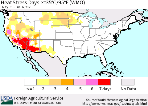 United States Heat Stress Days >=35°C/95°F (WMO) Thematic Map For 5/31/2021 - 6/6/2021