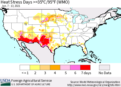 United States Heat Stress Days >=35°C/95°F (WMO) Thematic Map For 6/7/2021 - 6/13/2021