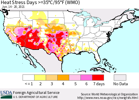 United States Heat Stress Days >=35°C/95°F (WMO) Thematic Map For 6/14/2021 - 6/20/2021