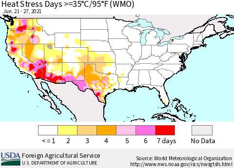 United States Heat Stress Days >=35°C/95°F (WMO) Thematic Map For 6/21/2021 - 6/27/2021