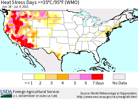 United States Heat Stress Days >=35°C/95°F (WMO) Thematic Map For 6/28/2021 - 7/4/2021