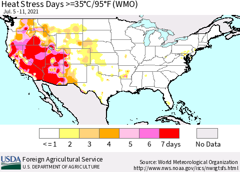 United States Heat Stress Days >=35°C/95°F (WMO) Thematic Map For 7/5/2021 - 7/11/2021