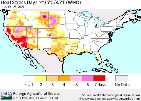 United States Heat Stress Days >=35°C/95°F (WMO) Thematic Map For 7/19/2021 - 7/25/2021