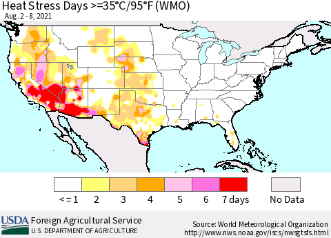United States Heat Stress Days >=35°C/95°F (WMO) Thematic Map For 8/2/2021 - 8/8/2021