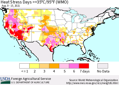 United States Heat Stress Days >=35°C/95°F (WMO) Thematic Map For 8/9/2021 - 8/15/2021