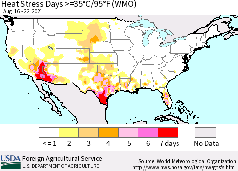 United States Heat Stress Days >=35°C/95°F (WMO) Thematic Map For 8/16/2021 - 8/22/2021