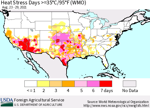 United States Heat Stress Days >=35°C/95°F (WMO) Thematic Map For 8/23/2021 - 8/29/2021