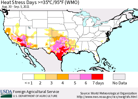 United States Heat Stress Days >=35°C/95°F (WMO) Thematic Map For 8/30/2021 - 9/5/2021