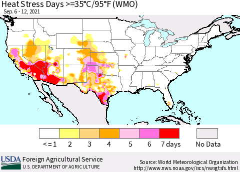 United States Heat Stress Days >=35°C/95°F (WMO) Thematic Map For 9/6/2021 - 9/12/2021