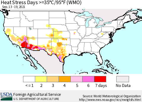 United States Heat Stress Days >=35°C/95°F (WMO) Thematic Map For 9/13/2021 - 9/19/2021