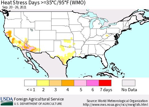 United States Heat Stress Days >=35°C/95°F (WMO) Thematic Map For 9/20/2021 - 9/26/2021