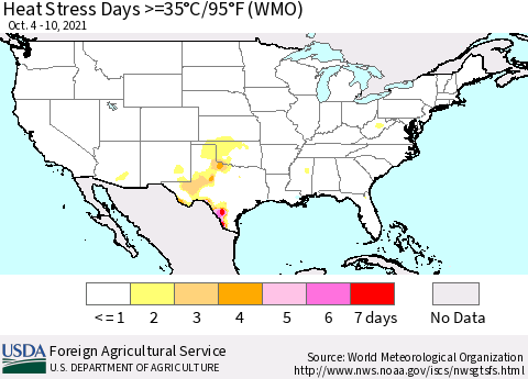 United States Heat Stress Days >=35°C/95°F (WMO) Thematic Map For 10/4/2021 - 10/10/2021