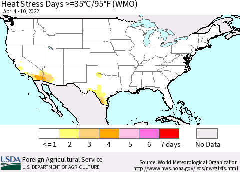 United States Heat Stress Days >=35°C/95°F (WMO) Thematic Map For 4/4/2022 - 4/10/2022