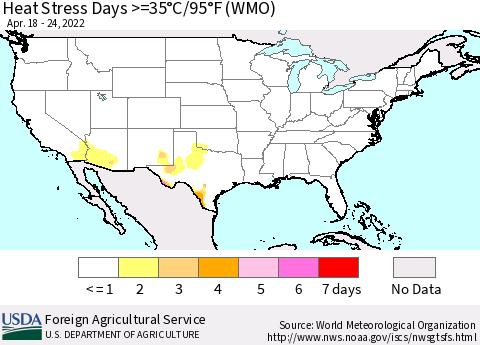 United States Heat Stress Days >=35°C/95°F (WMO) Thematic Map For 4/18/2022 - 4/24/2022