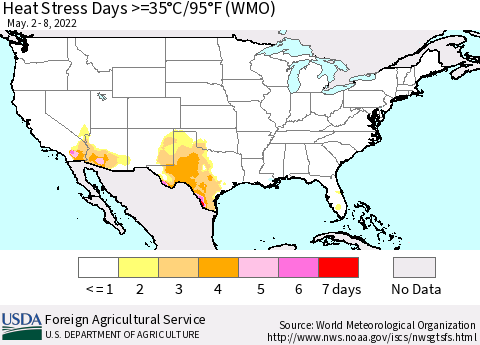 United States Heat Stress Days >=35°C/95°F (WMO) Thematic Map For 5/2/2022 - 5/8/2022