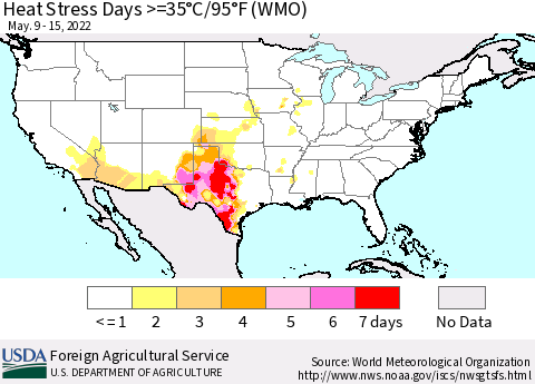 United States Heat Stress Days >=35°C/95°F (WMO) Thematic Map For 5/9/2022 - 5/15/2022