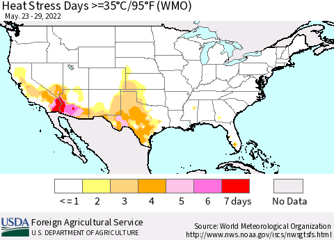 United States Heat Stress Days >=35°C/95°F (WMO) Thematic Map For 5/23/2022 - 5/29/2022
