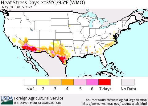United States Heat Stress Days >=35°C/95°F (WMO) Thematic Map For 5/30/2022 - 6/5/2022