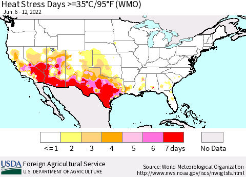 United States Heat Stress Days >=35°C/95°F (WMO) Thematic Map For 6/6/2022 - 6/12/2022