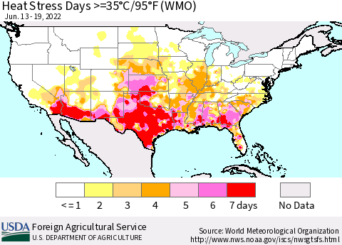 United States Heat Stress Days >=35°C/95°F (WMO) Thematic Map For 6/13/2022 - 6/19/2022
