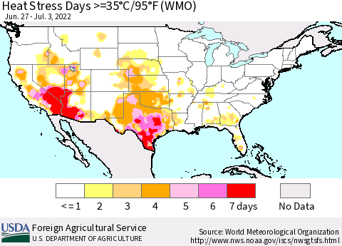 United States Heat Stress Days >=35°C/95°F (WMO) Thematic Map For 6/27/2022 - 7/3/2022