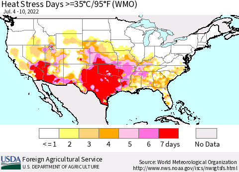 United States Heat Stress Days >=35°C/95°F (WMO) Thematic Map For 7/4/2022 - 7/10/2022