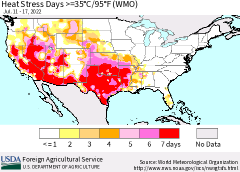 United States Heat Stress Days >=35°C/95°F (WMO) Thematic Map For 7/11/2022 - 7/17/2022