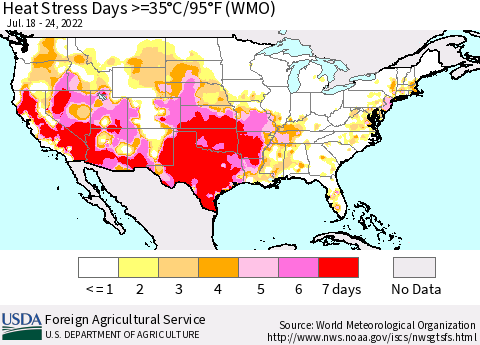 United States Heat Stress Days >=35°C/95°F (WMO) Thematic Map For 7/18/2022 - 7/24/2022