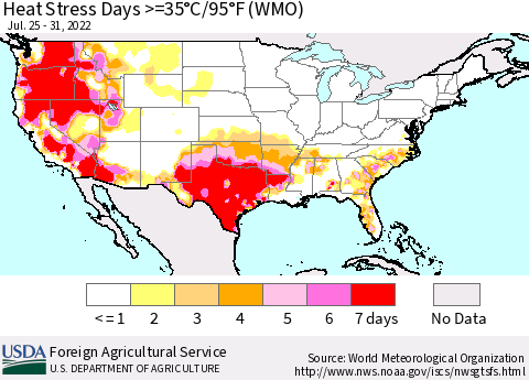 United States Heat Stress Days >=35°C/95°F (WMO) Thematic Map For 7/25/2022 - 7/31/2022