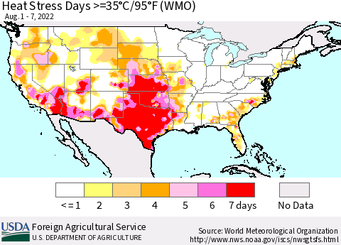 United States Heat Stress Days >=35°C/95°F (WMO) Thematic Map For 8/1/2022 - 8/7/2022